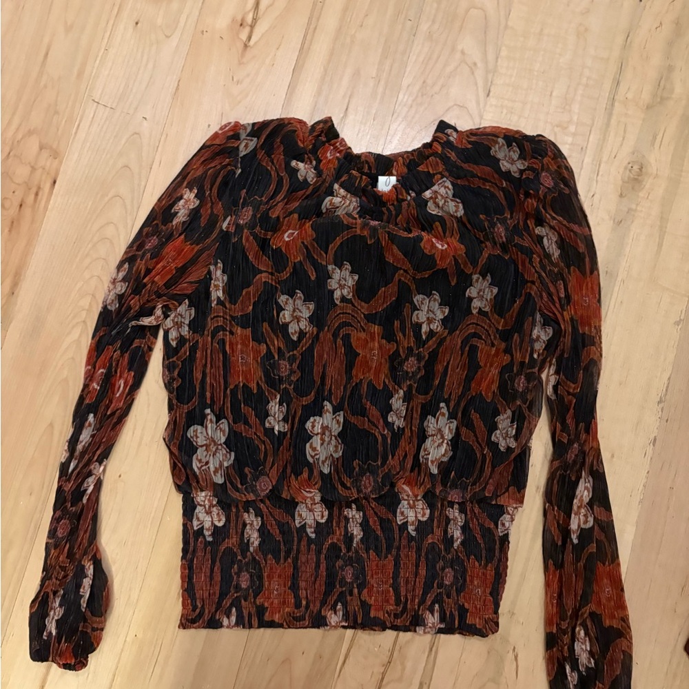 Joie Black & Rust Floral Smocked Waist Blouse - Picture 2 of 3